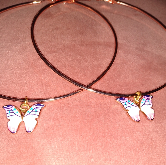 Huge Rose Gold Pink Butterfly Charm Hoops Big XL Oversized Hoop Earrings KATTA - Picture 3 of 9